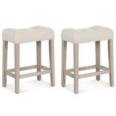 Set of 2 Tufted Saddle Counter Stools with Grey Washed Legs, 24 Inch Seat Height