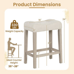 Set of 2 Tufted Saddle Counter Stools with Grey Washed Legs, 24 Inch Seat Height
