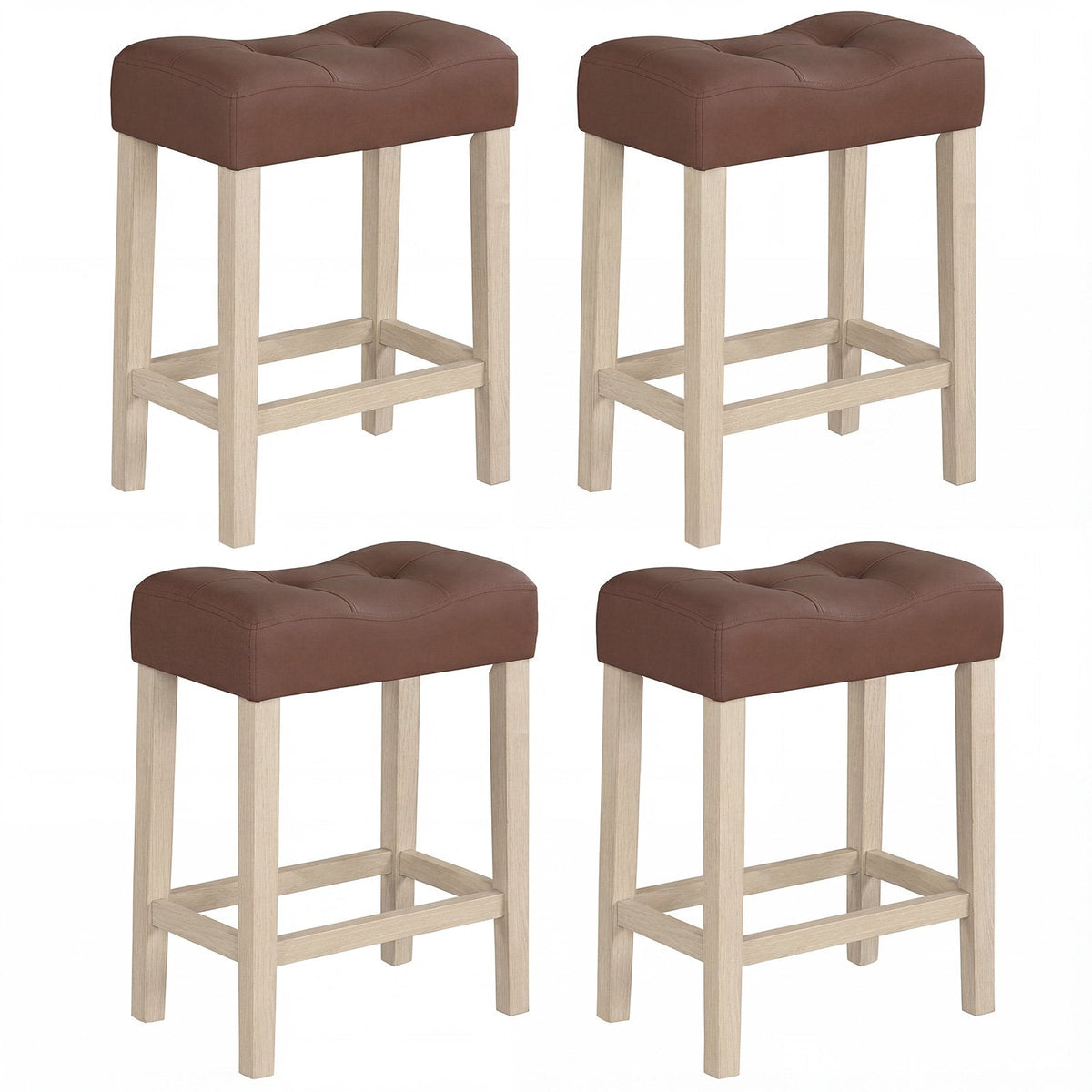 Set of 4 Tufted Saddle Counter Stools in Brown Faux Leather with Natural Legs, 24 Inch