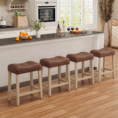 Set of 4 Tufted Saddle Counter Stools in Brown Faux Leather with Natural Legs, 24 Inch
