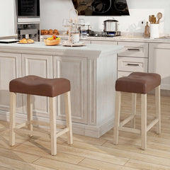 Set of 4 Tufted Saddle Counter Stools in Brown Faux Leather with Natural Legs, 24 Inch