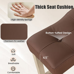 Set of 4 Tufted Saddle Counter Stools in Brown Faux Leather with Natural Legs, 24 Inch