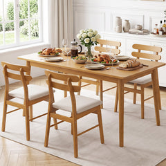 Set of 4 Natural Wood Dining Chairs with Twin Rail Back and Padded Linen Seat