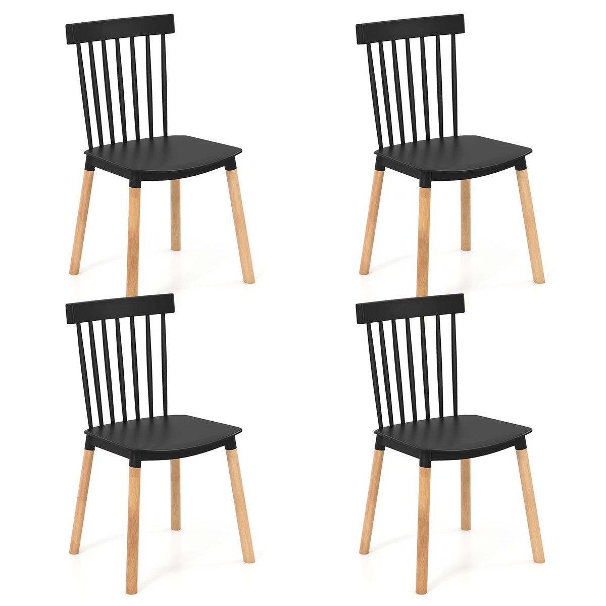 Set of 4 Windsor Dining Chairs with Spindle Backs and Beech Legs, Black