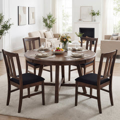 Set of 4 High Back Dining Chairs, Walnut Rubber Wood with Black Padded Seat