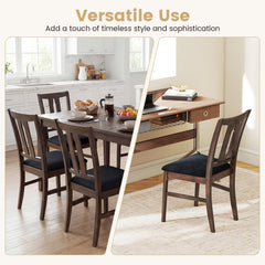 Set of 4 High Back Dining Chairs, Walnut Rubber Wood with Black Padded Seat