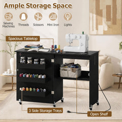 Sewing Machine Table with Charging Station and Lockable Casters-Black