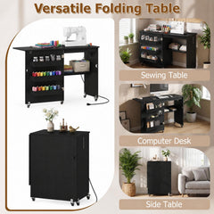 Sewing Machine Table with Charging Station and Lockable Casters-Black