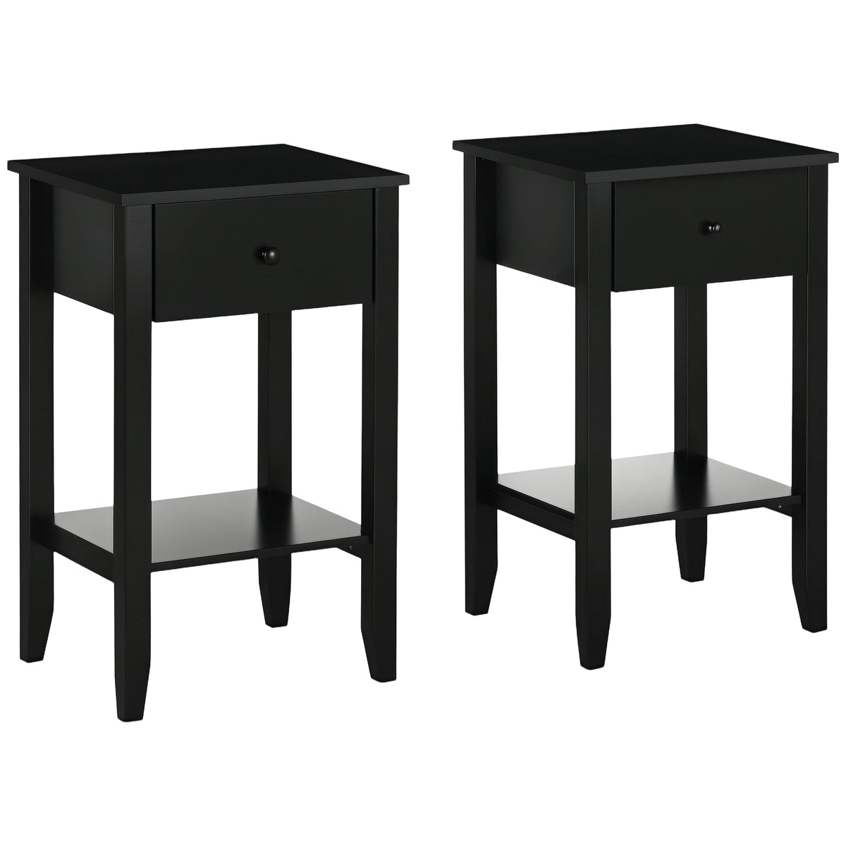 Side Table Set of 2, End Tables with Drawer and Bottom Shelf, 2-tier Nightstand for Bedroom, Living Room, Black