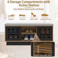 Shoe Bench with 6 Storage Compartments and 3 Adjustable Shelves-Natural