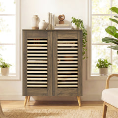 Shoe Cabinet with Louvered Doors and Removable Shelves-Walnut