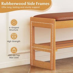 Shoe Rack Bench with Storage 2-Tier Rubberwood Entryway Bench with Flip-Open Storage-Brown