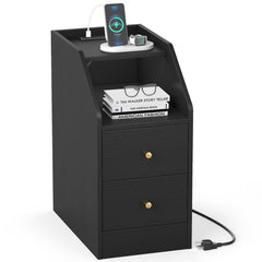 Side End Table with Charging Station Sofa Couch Table with Shelf Drawers-Black