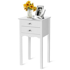 Vintage Style Side Table with 2 Drawers, Tall White Accent Nightstand