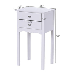 Vintage Style Side Table with 2 Drawers, Tall White Accent Nightstand