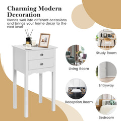 Vintage Style Side Table with 2 Drawers, Tall White Accent Nightstand