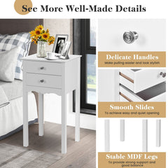 Vintage Style Side Table with 2 Drawers, Tall White Accent Nightstand