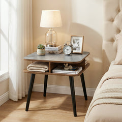 Side Table Faux Marble End Table with Storage Shelves and Rubber Wood Legs-Walnut
