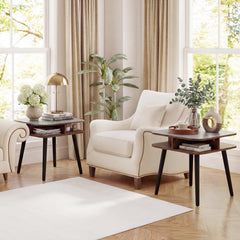 Side Table Faux Marble End Table with Storage Shelves and Rubber Wood Legs-Walnut