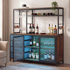 Sideboard Buffet Cabinet with LED Lights 55 inch Coffee Table with Power Outlets-Rustic Brown