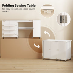 Sewing Machine Table with Drop Leaf, Folding Craft Table with 2 Doors and Adjustable Shelf for Small Spaces, Brown