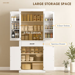 72" Kitchen Pantry Cabinet, Farmhouse Kitchen Storage Cabinet with 4 Barn Doors, 6 Door Shelves, Drawer, Black