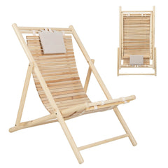 Folding Fir Wood Sling Deck Chair with 3 Position Back and Padded Headrest