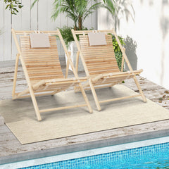 Folding Fir Wood Sling Deck Chair with 3 Position Back and Padded Headrest