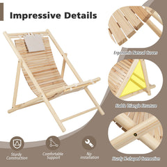 Folding Fir Wood Sling Deck Chair with 3 Position Back and Padded Headrest