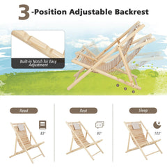 Folding Fir Wood Sling Deck Chair with 3 Position Back and Padded Headrest