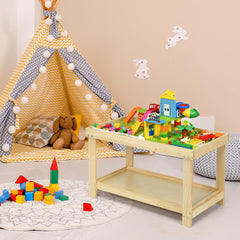 Kids Wooden Activity Play Table with Block Board and Storage Shelf, Natural Pine