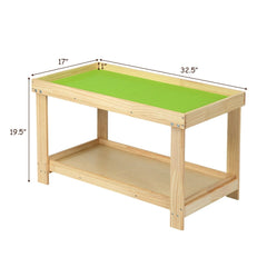 Kids Wooden Activity Play Table with Block Board and Storage Shelf, Natural Pine