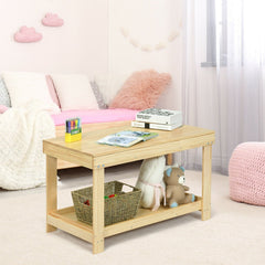 Kids Wooden Activity Play Table with Block Board and Storage Shelf, Natural Pine
