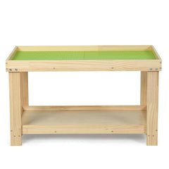 Kids Wooden Activity Play Table with Block Board and Storage Shelf, Natural Pine