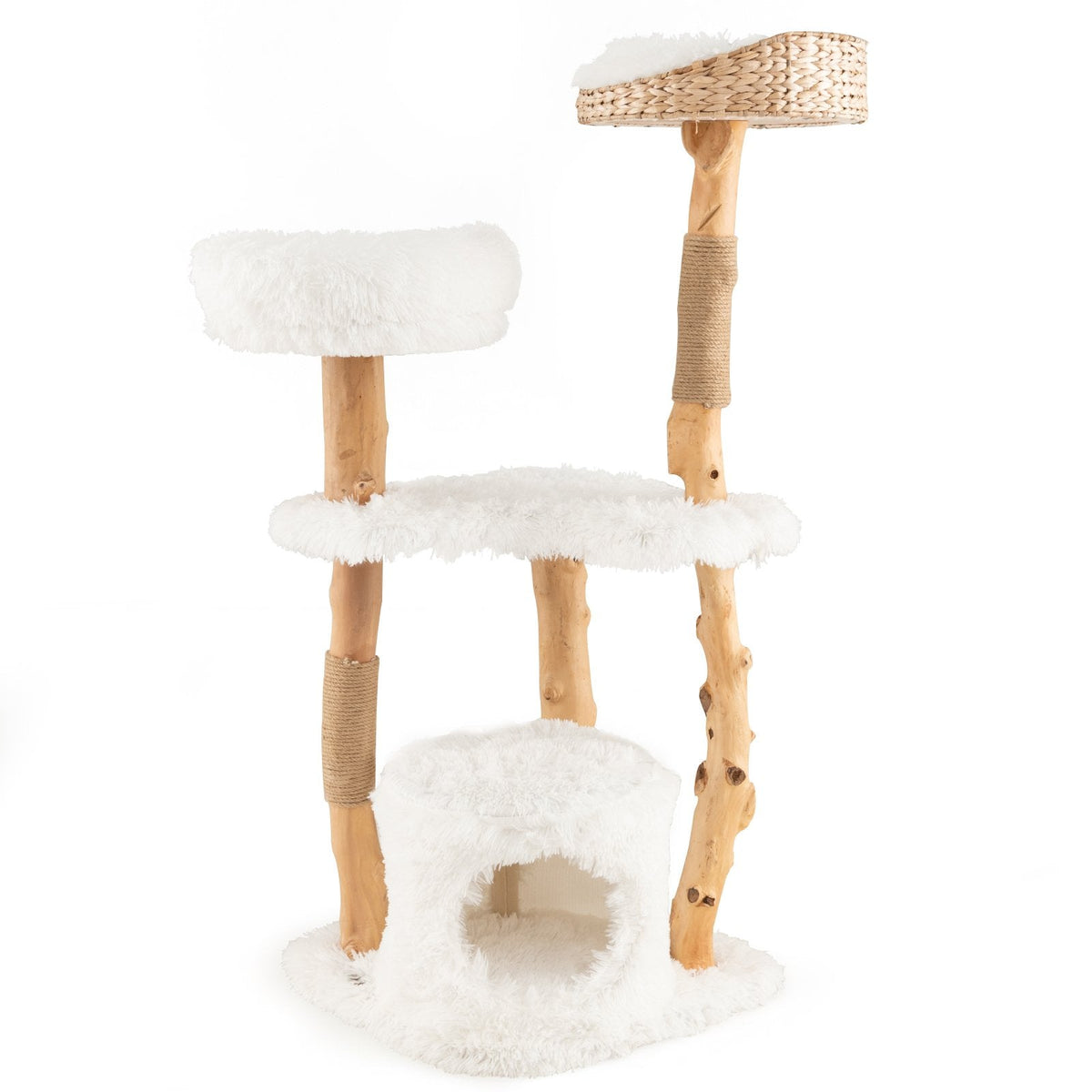 49 Inch Pear Wood Cat Tower with a Hand Woven Cattail Top Basket