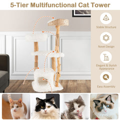 49 Inch Pear Wood Cat Tower with a Hand Woven Cattail Top Basket
