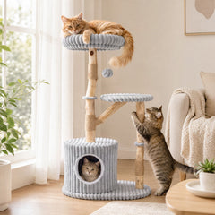 Grey Ribbed Cat Tree 41 Inches with a Round Condo and Branch Platform