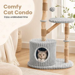 Grey Ribbed Cat Tree 41 Inches with a Round Condo and Branch Platform