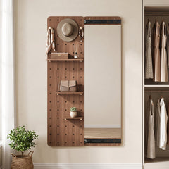 Solid Wood Full Length Mirror with Pegboard & Shelves and Hooks for Entryway-Brown