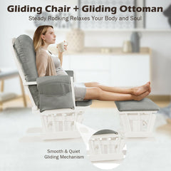 Wood Glider and Ottoman Set with Padded Armrests and Detachable Cushion-Light Gray