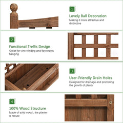 Wood Planter Box with Trellis, 25 by 11 by 30 Inch Dark Brown Fir Raised Bed