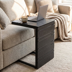 Space-Saving C-Shaped Side Table with Wood-Plastic Top for Indoor Outdoor-Black