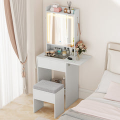 Space-saving Vanity Desk with Mirror and Lights for Bedroom-White