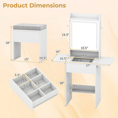 Space-saving Vanity Desk with Mirror and Lights for Bedroom-White