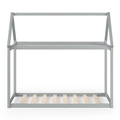 Twin House Frame Kids Floor Bed with Pitched Roof and Wooden Slats, Grey