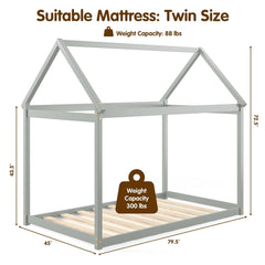 Twin House Frame Kids Floor Bed with Pitched Roof and Wooden Slats, Grey