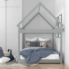 Twin House Frame Kids Floor Bed with Pitched Roof and Wooden Slats, Grey