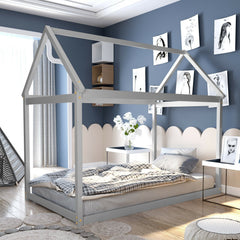 Twin House Frame Kids Floor Bed with Pitched Roof and Wooden Slats, Grey