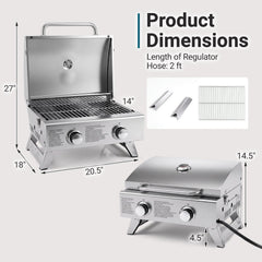 Stainless Steel Propane Grill with Lid for Outdoor Camping Tailgating Picnic Party-Silver