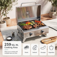 Stainless Steel Propane Grill with Lid for Outdoor Camping Tailgating Picnic Party-Silver